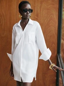 Lumivelle New Arrival French Style V-Neck Long Sleeve White Shirt Dress - White - View 6