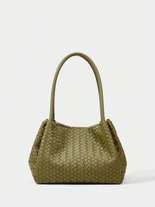 SHECARRY 女士休闲压花编织单肩包水桶包，适合日常通勤和度假场景 - 橄欖綠 - 查看 1