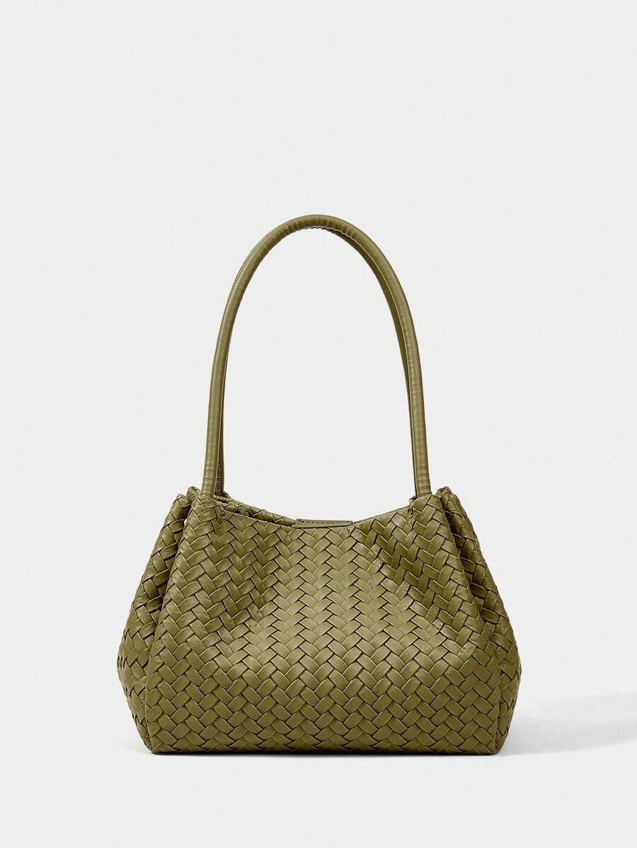 SHECARRY 女士休闲压花编织单肩包水桶包，适合日常通勤和度假场景 - 橄欖綠 - 查看 1