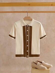 EASEVO Plus Size Men's Contrast Color Short Sleeve Front Button Casual Cardigan, For Fall, Winter