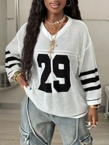 Coolane Girls Knit Striped & Number Printed 3/4 Sleeve Oversized Jersey Cover Up Sweater,Halloween In Fall/Winter