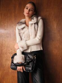 MOTF PREMIUM CONTRAST FUZZY PANEL ZIP PLACKET CARDIGAN - White - View 6