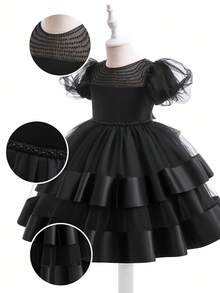 Glamorique Kids 女童黑色泡泡袖串珠多层薄纱缎面公主裙，适合正式场合、表演、生日派对、秋冬走秀公主/圣诞派对，以及秋冬度假派对。 - 黑色 - 查看 6