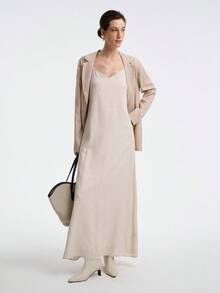 SHEIN LUNE 女士优雅时尚通勤休闲舒适迷人复古简约高端无袖 A 字纯色连衣裙 - 杏色 - 查看 6