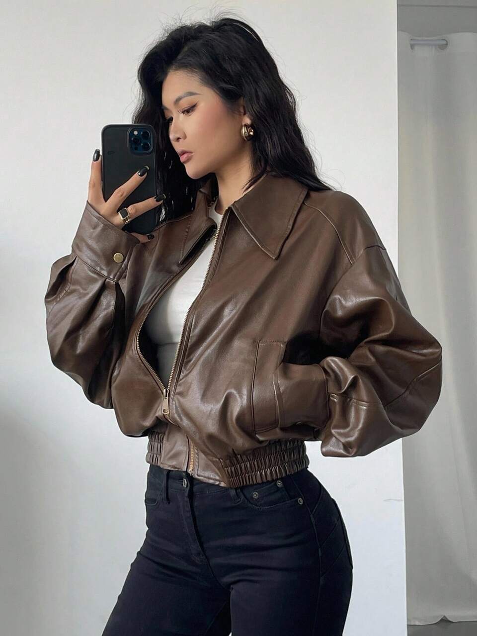 Retro American Style PU Leather Jacket For Women, New Loose Fit Casual Basic Short Motorcycle Bomber Coat Autumn Swimming White