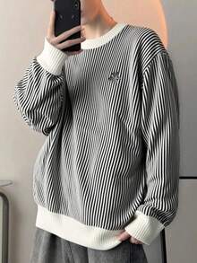 Manfinity Hypemode Jersey holgado de cuello redondo con hombros caídos y mangas largas, jersey casual a rayas, jersey oversize, jersey de punto a rayas, jersey de manga larga a rayas, adecuado para fiestas, oficinas, hogar, viajes y actividades al aire libre, para invierno - Multicolor - Ver 1