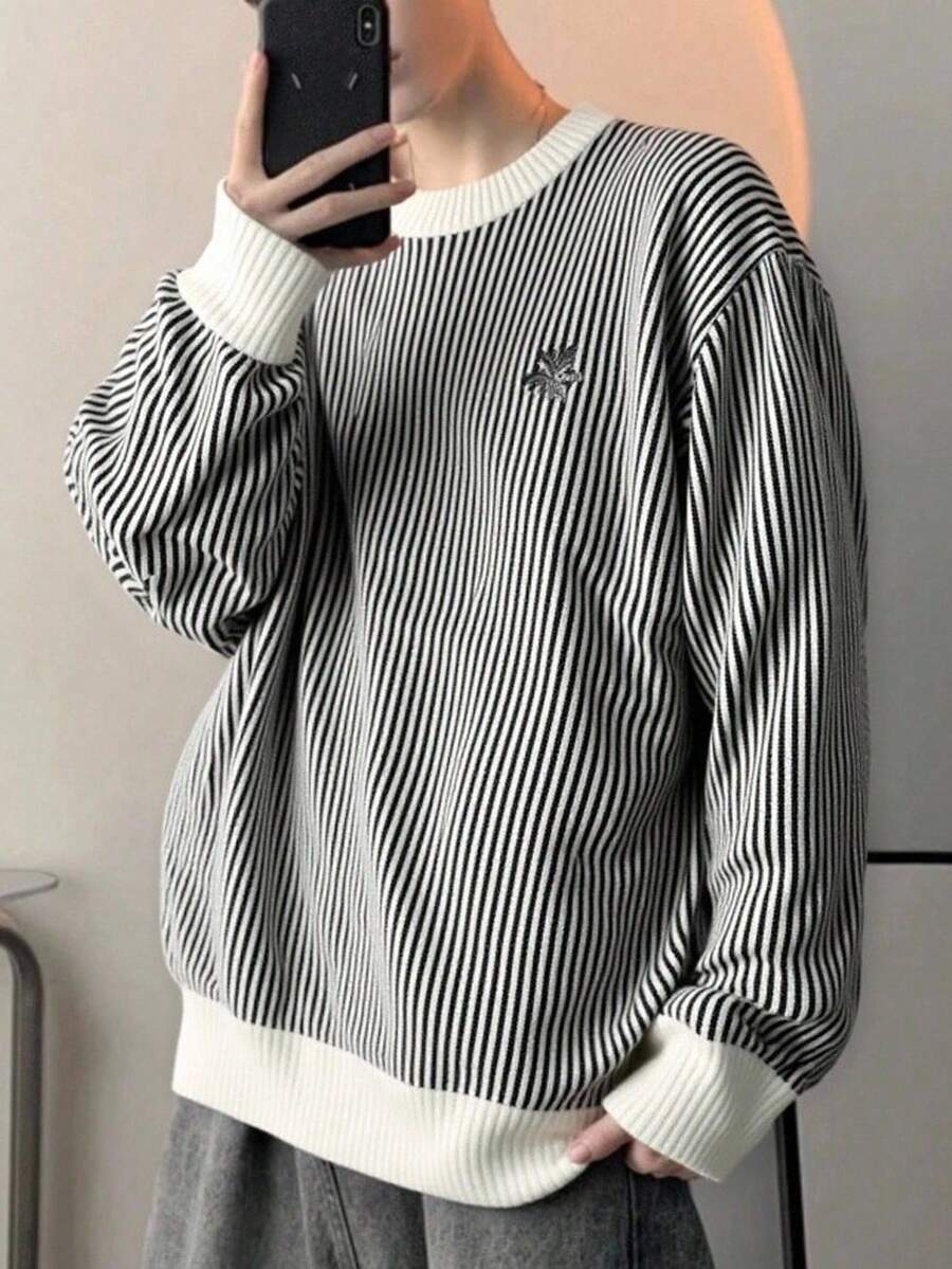 Manfinity Hypemode Jersey holgado de cuello redondo con hombros caídos y mangas largas, jersey casual a rayas, jersey oversize, jersey de punto a rayas, jersey de manga larga a rayas, adecuado para fiestas, oficinas, hogar, viajes y actividades al aire libre, para invierno - Multicolor - Ver 1