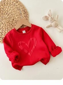 女宝宝可爱休闲简约可爱俏皮爱心图案抓绒纯红色圆领毛衣，适合亲子装、母女装、生日派对、晚宴、演出、婚礼、洗礼、开幕式等场合，日常穿着、上学、旅行、秋冬季皆宜。 - 紅色 - 查看 8