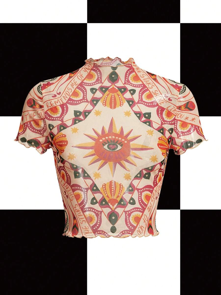 Y2Kool The Sun Blusa de mujer de manga corta, ajustada y de malla con estampado, para verano, vacaciones, salir, festivales, estilo Ibiza, ropa occidental, fiestas de otoño, colección de ropa elegante, atuendos de Año Nuevo