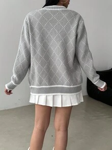 Lyxana Cárdigan casual de mujer con cuello redondo, botones delanteros, diseño de rombos y bolsillos, en colores contrastantes - Gris Claro - Ver 2