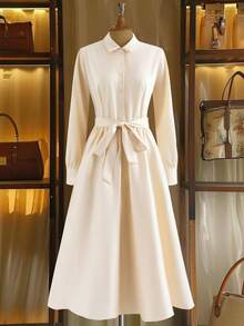 Franclia Women's Long Sleeve Apricot Cinched Waist Waist Button-Up Collar Dress Fall Cloth For Women - Apricot - View 1