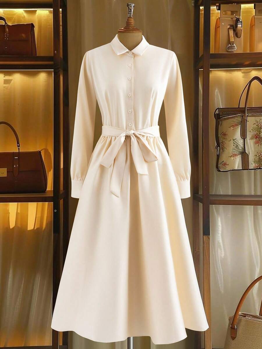 Franclia Women's Long Sleeve Apricot Cinched Waist Waist Button-Up Collar Dress Fall Cloth For Women - Apricot - View 1