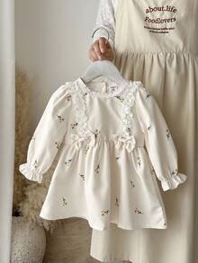 SHEIN 1 pieza Vestido de princesa de manga larga con bordado floral y lazo, falda de tul esponjosa, estilo dulce adecuado para fiesta de cumpleaños, otoño/invierno