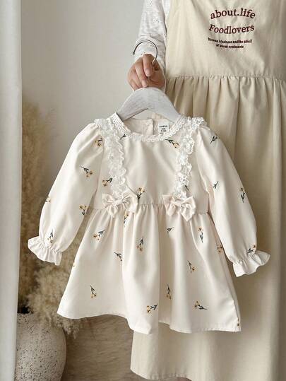 SHEIN 1pc Girls Floral Embroidery Bowknot Long Sleeve Princess Dress With Fluffy Tulle Skirt, Sweet Style Suitable For Birthday Party, Autumn/Winter Fall