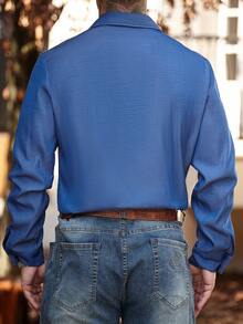 Manfinity Nomadique Casual Fashionable Retro Versatile Long Sleeve Solid Color Men's Shirt Blue Shirt Button-Down Fit Western Shirt, Fall - Blue - View 2