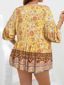 EMERY ROSE Áo Babydoll họa tiết hoa cổ thắt nút tay cánh dơi cho nữ mùa hè thường ngày cỡ lớn - Màu vàng - Xem 2
