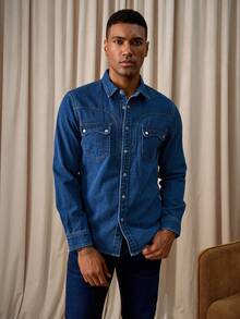 RivetRise Herrlångärmad, avslappnad gatustil, ficklock, blå denimskjorta, tvättad blå topp för pojkvän och make, höst - Mediumtvätt - Visa 5