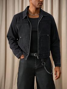 RivetRise 男士长袖休闲水洗黑色短款牛仔夹克，春夏朋克风男友/老公款修身水洗黑色，适合都市万圣节、万圣节、秋季等场合。 - 黑色 - 查看 4