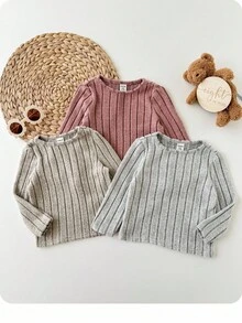 SHEIN 3件套可爱休闲纯色长袖针织上衣，适合女婴 - 彩色 - 查看 1