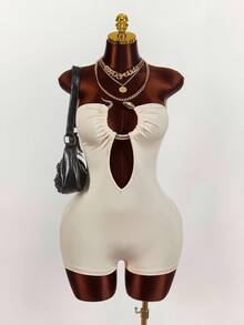 Amplova 大码女式纯色圆环装饰紧身镂空性感连体裤 - 彩色 - 查看 1