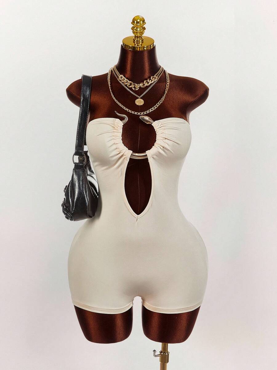 Amplova 大码女式纯色圆环装饰紧身镂空性感连体裤 - 彩色 - 查看 1