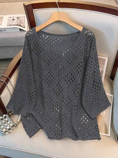 GlowEve CURVE Plus Size Women Hollow Out 3/4 Sleeve Knitted Sweater Winter Fall Autumn