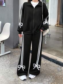 Tween Girl Knit Solid Color Contrast Tape Cardigan & Wide Leg Pants Casual Suit - Black - View 6