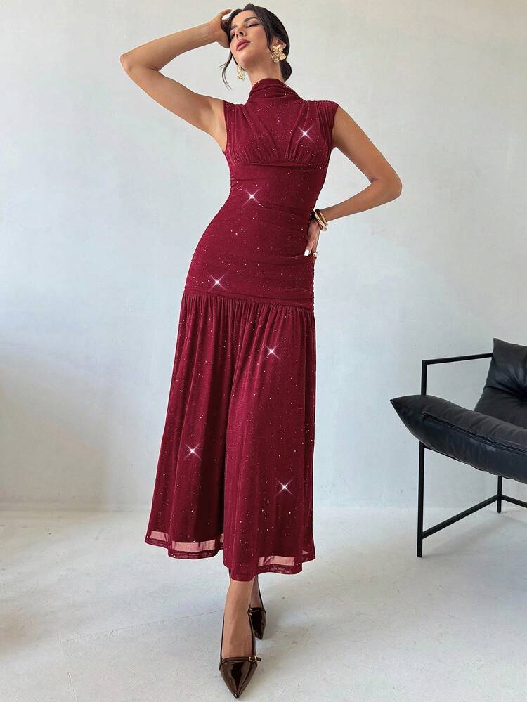 Firerie 女款優雅網紗亮片薄紗酒紅色夏季長洋裝，酒紅傘裙適合派對、夜店、用餐、晚宴婚禮及秋季約會穿著 - 紅色 - 查看 5