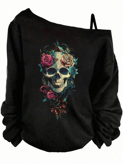 SHEIN LUNE Casual Minimalist Halloween Punk Street Style Skull & Rose Graphic Dropped Shoulder Long Sleeve T-Shirt For Women, Suitable For Autumn/Winter,Halloween Shirt