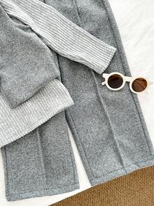 SHEIN 3pcs Young Girl Autumn/Winter Outfit Set: Asymmetrical Top + Ribbed Turtleneck Sweater + Wide Leg Pants - Grey - View 4