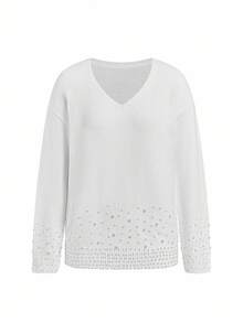 Ellevyn Suéter feminino elegante de cor sólida, decote em V, manga comprida, com detalhes em pérolas, adequado para várias ocasiões no outono/inverno - Branco - Ver 6