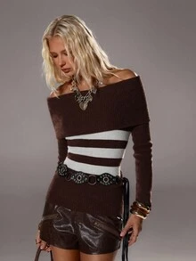 TRNVIE 1 Áo len dệt kim ôm eo thiết kế kẻ sọc hở vai thường ngày dành cho nữ, màu nâu, mùa thu/đông - màu nâu - Xem 7