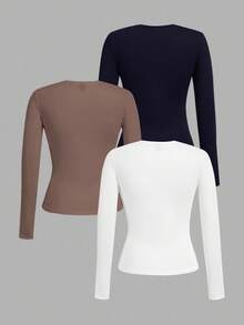 SHEIN EZwear 3件套女士黑色、棕色、白色圆领休闲修身长袖T恤套装，适合秋冬季穿着 - 彩色 - 查看 2