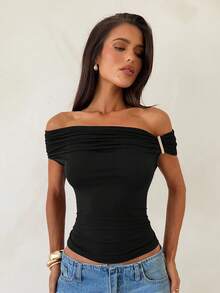 Aloruh Asymmetrical Asymmetric Shoulder Knit T-Shirt Top, Purple-Red Black Tops