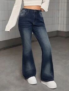 SHEINY2K 时尚百搭重工石洗喇叭牛仔裤，适合年轻女孩 - 深色水洗藍 - 查看 6