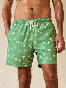 Manfinity Swimmode Men's Cherry Print Drawstring Casual Beach Shorts - Green - View 5