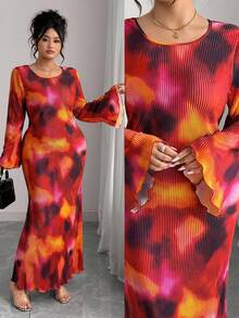 Elenzga Plus Size Crew Neck Long Puff Sleeve Floral Print Pleated Fitted Dress, For Christmas Maxi Women Outfit Fall Cloth For Women - Multicolor - View 10