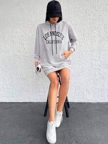 Cottnline Hanorac cu glugă pentru femei, model casual cu litere, cu buzunar și șnur, toamnă