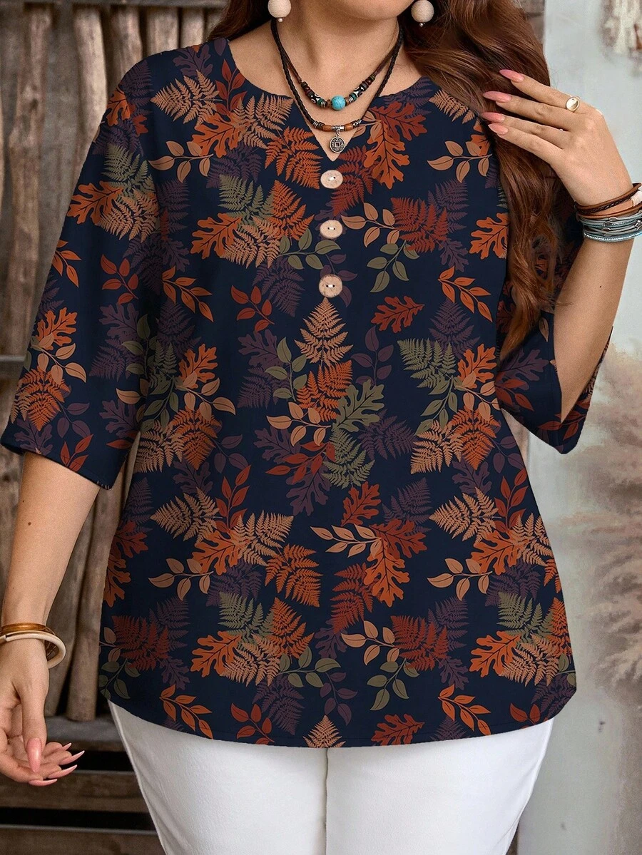 EMERY ROSE 大码女式休闲复古浪漫枫叶印花V领半袖衬衫,适合春夏穿着,时尚百搭。 - 彩色 - 查看 1