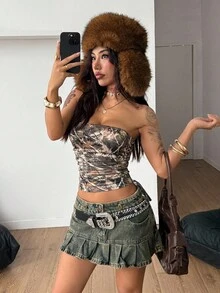 Coolane Women's Fall/All-Season Streetwear Going Out Y2K Grunge Casual Tree Branch Pattern Drawstring Tan Tube Top - Multicolor - View 4