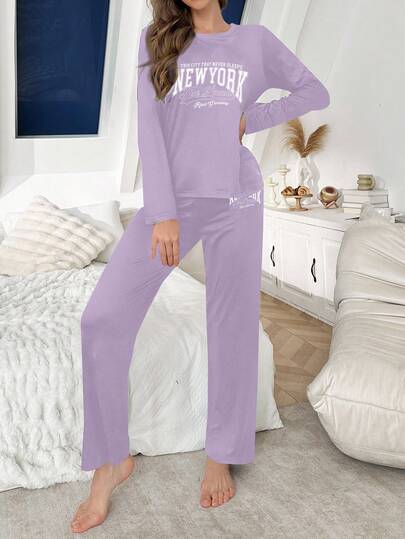 Letter Print Loose Fit Long Sleeve Top Pants Women Pajama Set, Fall Clothes view 4