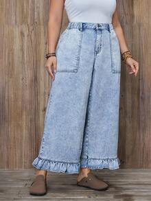 EMERY ROSE Plus Size Denim Vacation Style Frill Trim Wide Leg Pants - Light Wash - View 6