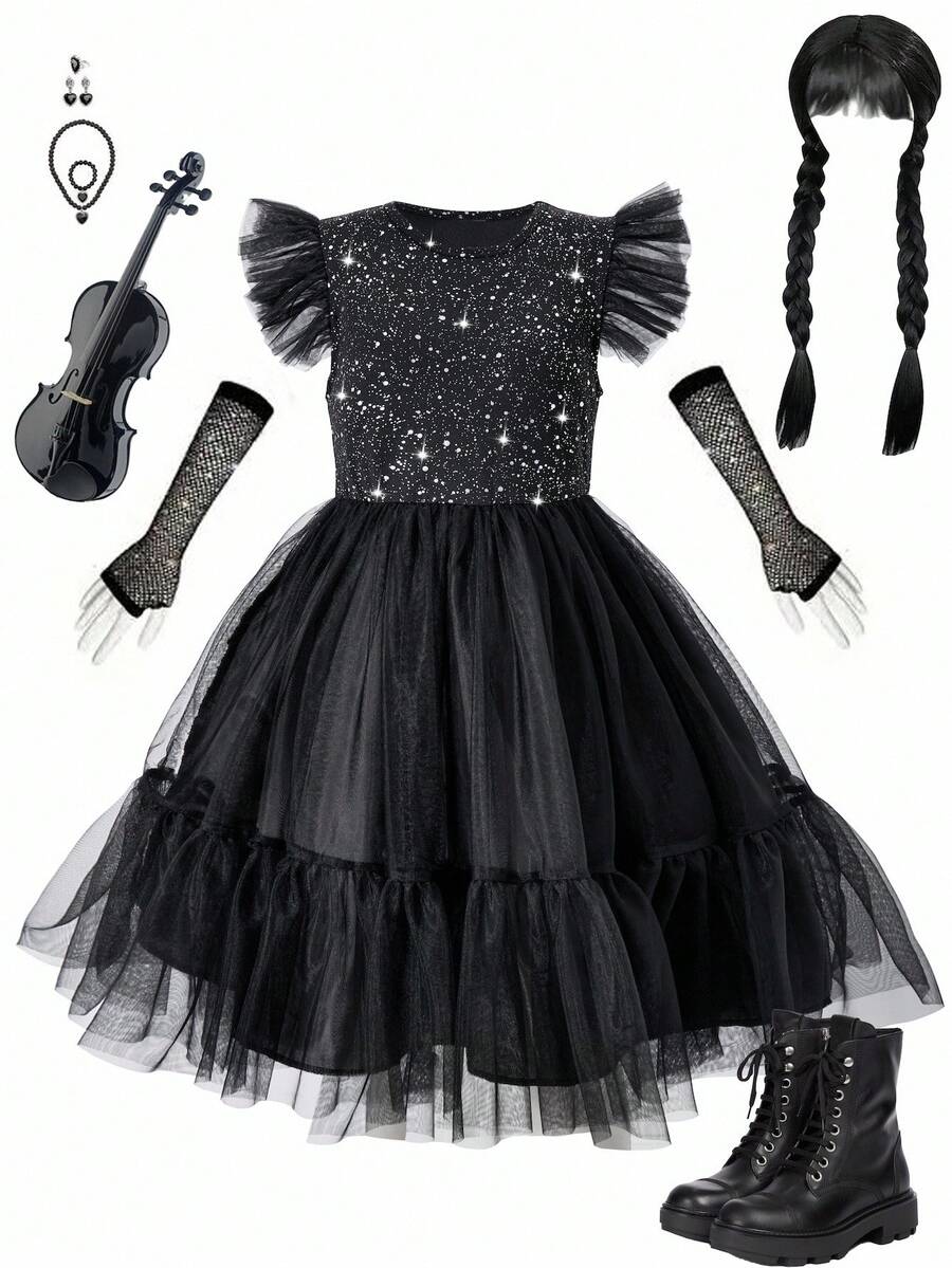 Glamorique Kids 1 件女童盖袖黑色连衣裙，银箔针织面料，网眼裙摆，休闲日常或万圣节派对连衣裙 - 黑色 - 查看 1