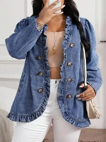 EMERY ROSE 秋季大码休闲牛仔夹克，带荷叶边和纽扣装饰