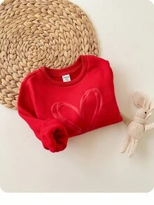 女宝宝可爱休闲简约可爱俏皮爱心图案抓绒纯红色圆领毛衣，适合亲子装、母女装、生日派对、晚宴、演出、婚礼、洗礼、开幕式等场合，日常穿着、上学、旅行、秋冬季皆宜。 - 紅色 - 查看 3