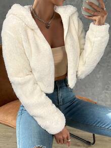 SHEIN EZwear 女式休闲杏色落肩拉链长袖连帽短款夹克，秋冬 - 杏色 - 查看 1