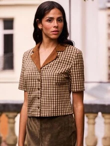 lacRébo 棕色格纹短款夹克，搭配撞色仿麂皮领 - 棕色 - 查看 2