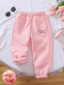 Genkimix Kids Girls Young Girl New Energetic Letter Print Loose Drawstring Pants, Embroidered Letter Design, Comfortable Soft Fabric, Suitable For Daily Wear, School, Shopping, Party, Outings, Autumn/Winter Fall - Dusty Pink - View 1