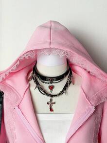 EgrlEra Women Fall Long Sleeve Lace Patchwork Bow Zipper Hoodie,Long Sleeve Tops Pullover - Pink - View 4