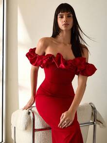 CLARA VERO Váy dài midi màu trắng họa tiết hoa 3D - Đỏ - Xem 6